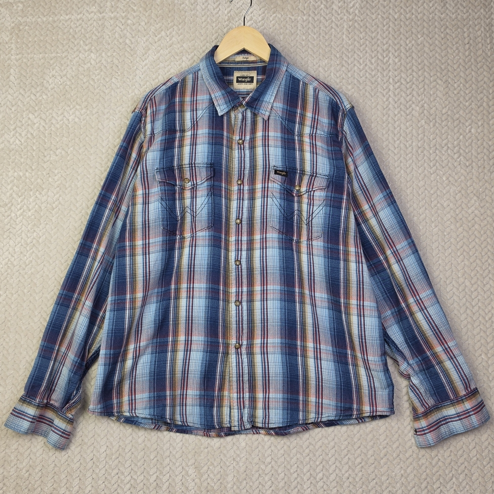 Wrangler Indigo Long Sleeve Button Down Blue Plaid Pearl‎ Snap Shirt Men's XL